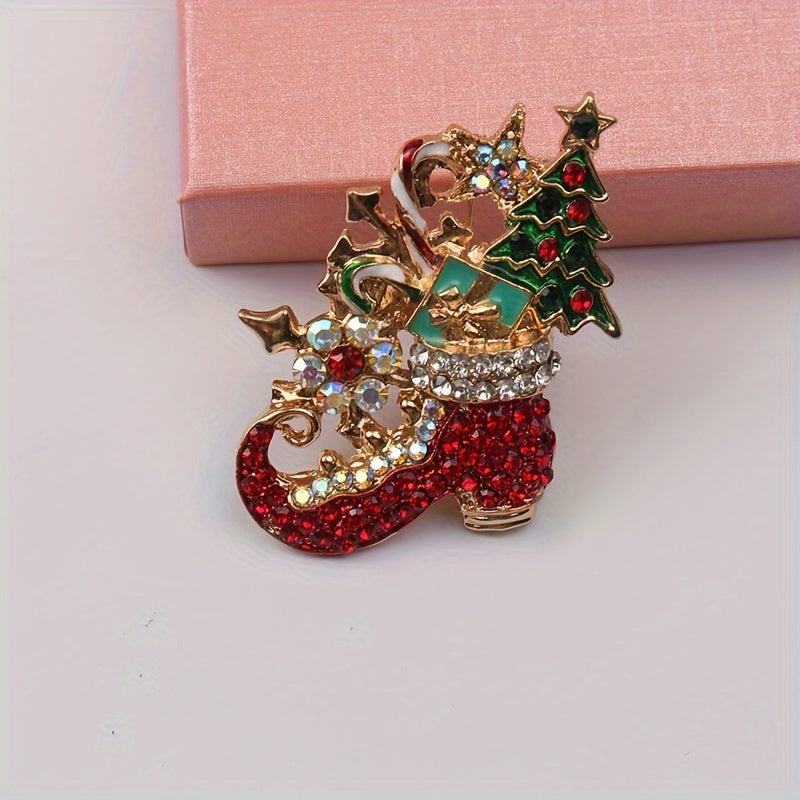 Vintage Rustic Christmas Brooch with Rhinestone Accents for Women