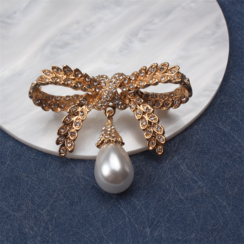 Luxury Brooch Enamel Wheat Bow Faux Pearl Autumn Winter Jacket Accessory