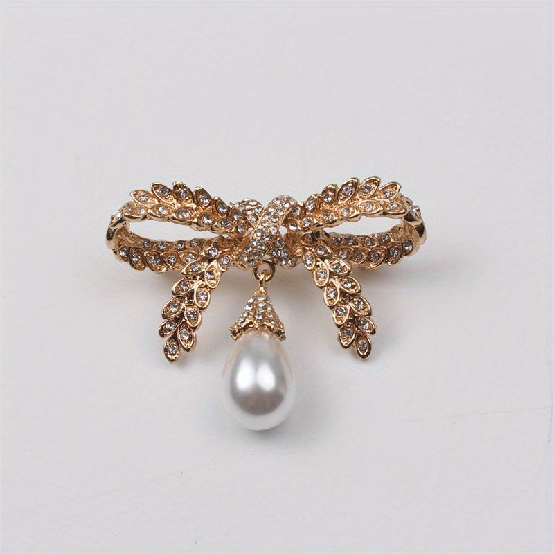 Luxury Brooch Enamel Wheat Bow Faux Pearl Autumn Winter Jacket Accessory