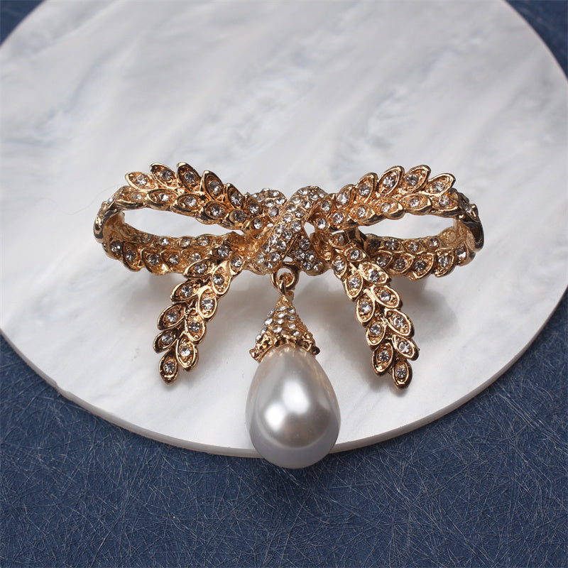 Luxury Brooch Enamel Wheat Bow Faux Pearl Autumn Winter Jacket Accessory