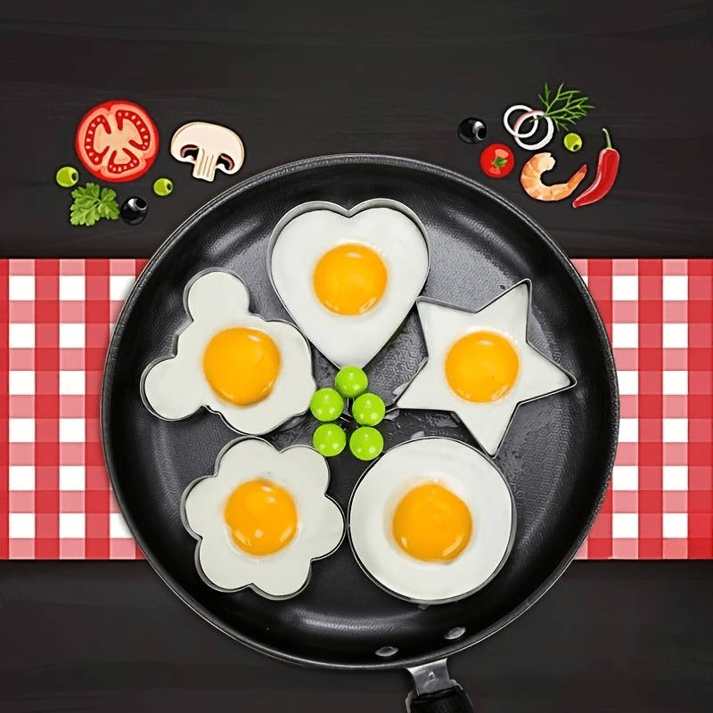 Set of 5 Stainless Steel Egg Molds Heart and Rice Shape Non-Stick for Perfect Fried and Poached Eggs