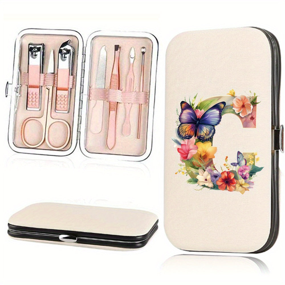 Manicure Set with 7 Stainless Steel Tools in Faux Leather Case for Nail Care