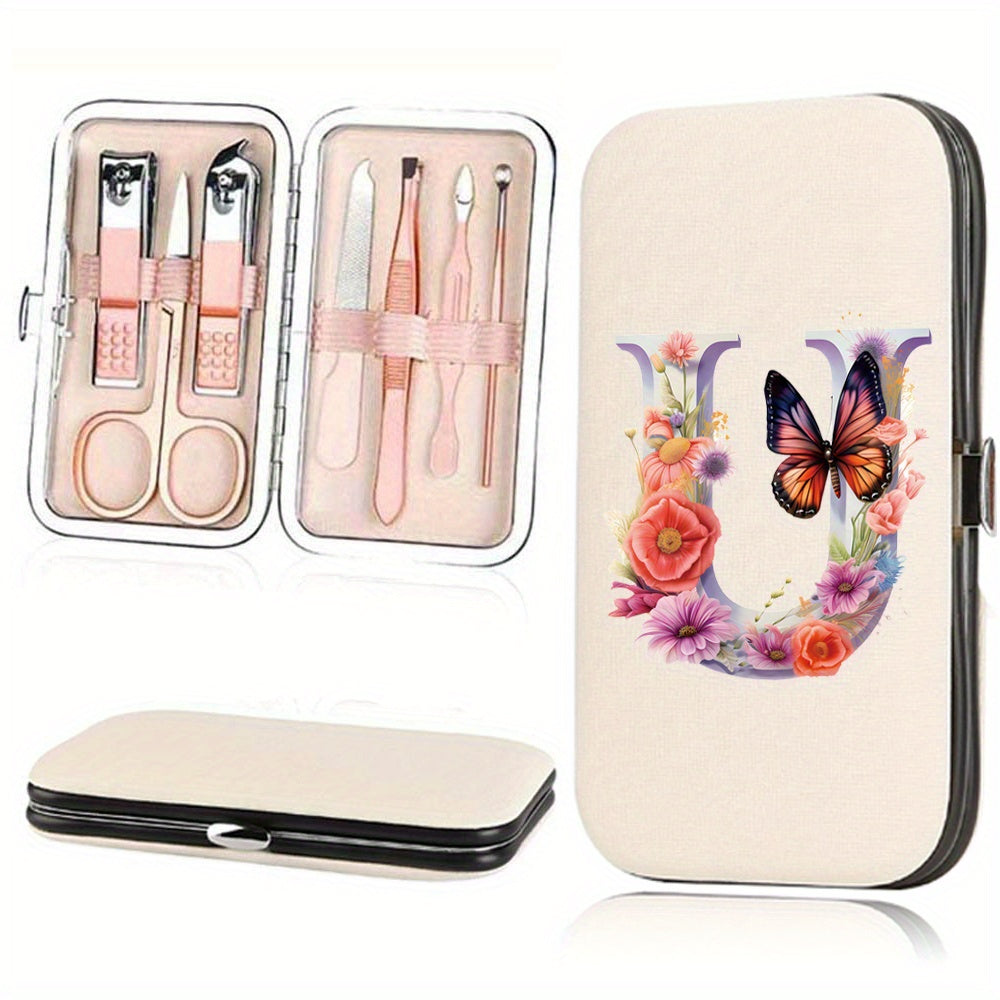 Manicure Set with 7 Stainless Steel Tools in Faux Leather Case for Nail Care