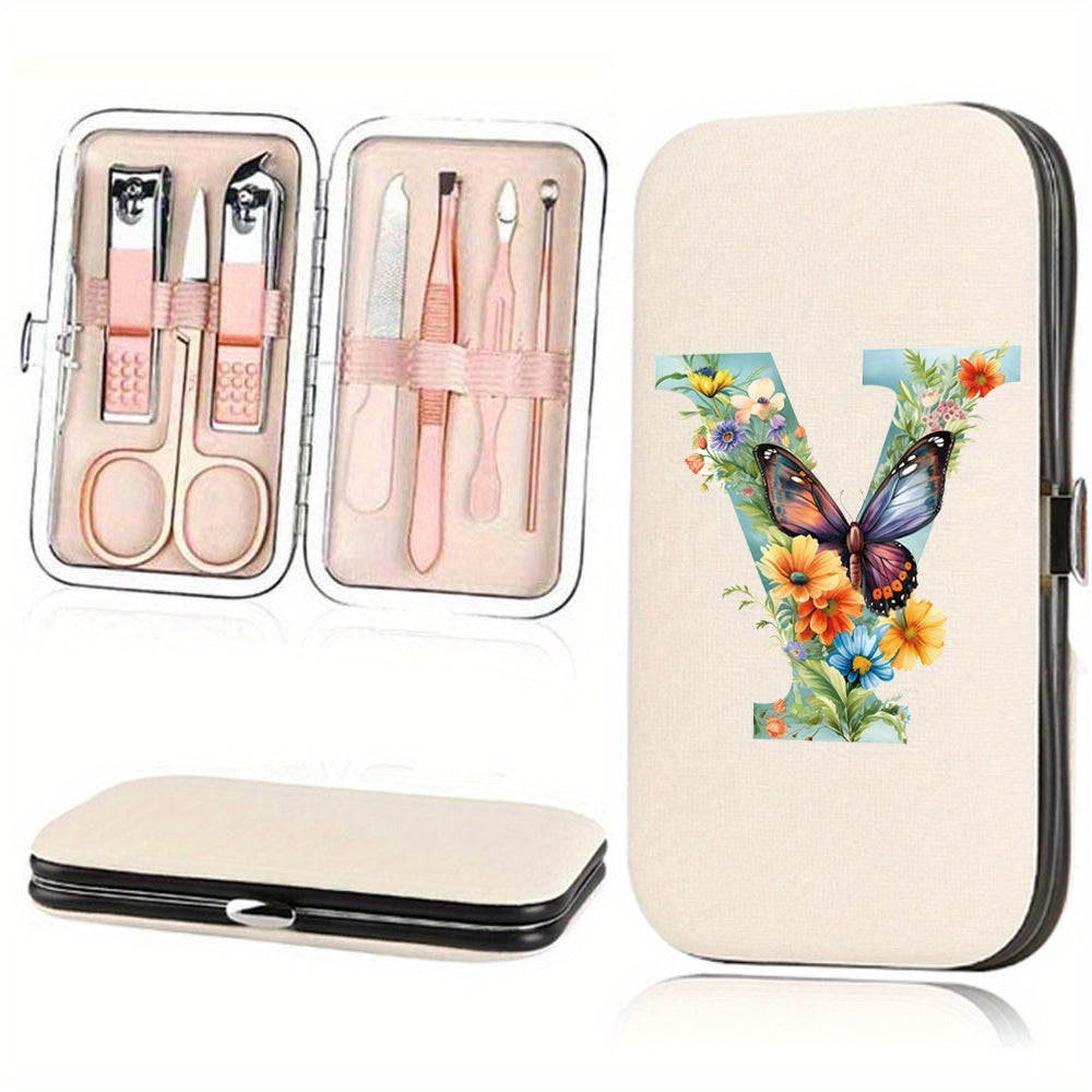 Manicure Set with 7 Stainless Steel Tools in Faux Leather Case for Nail Care