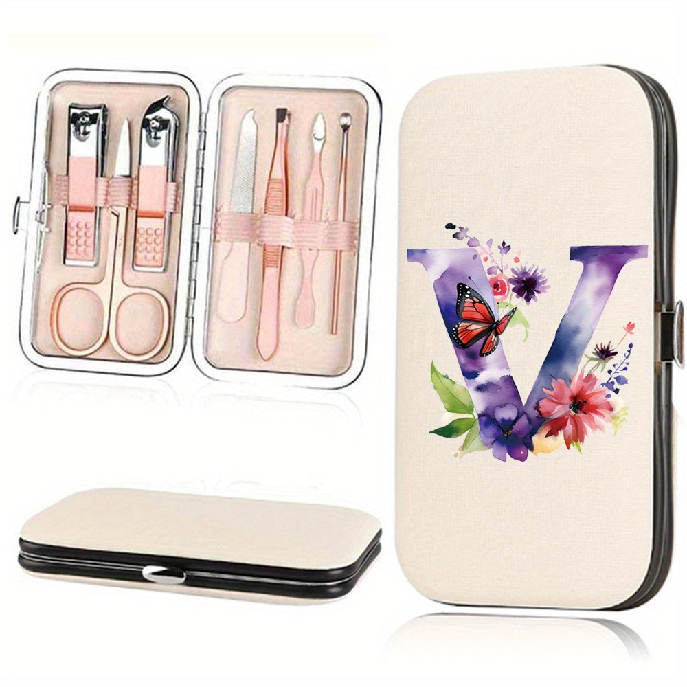 Manicure Set with 7 Stainless Steel Tools in Faux Leather Case for Nail Care