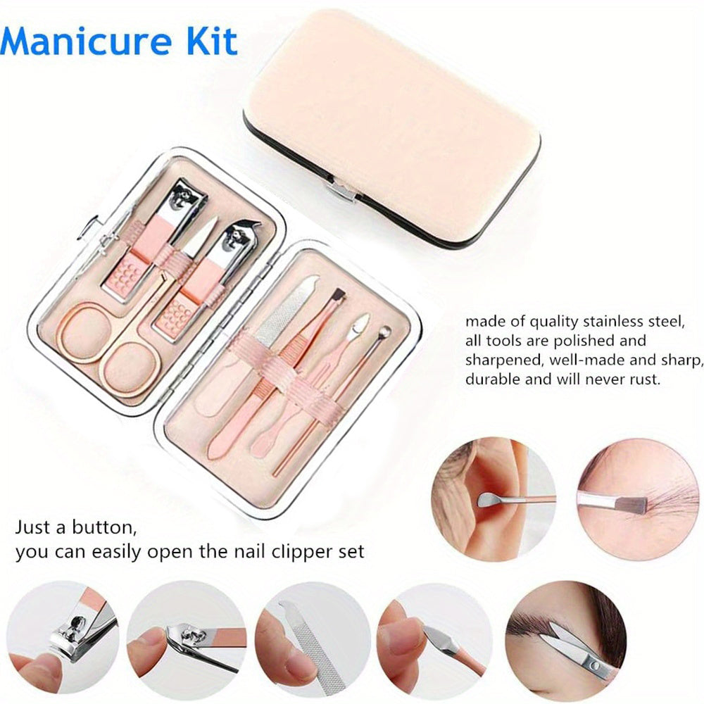 Manicure Set with 7 Stainless Steel Tools in Faux Leather Case for Nail Care