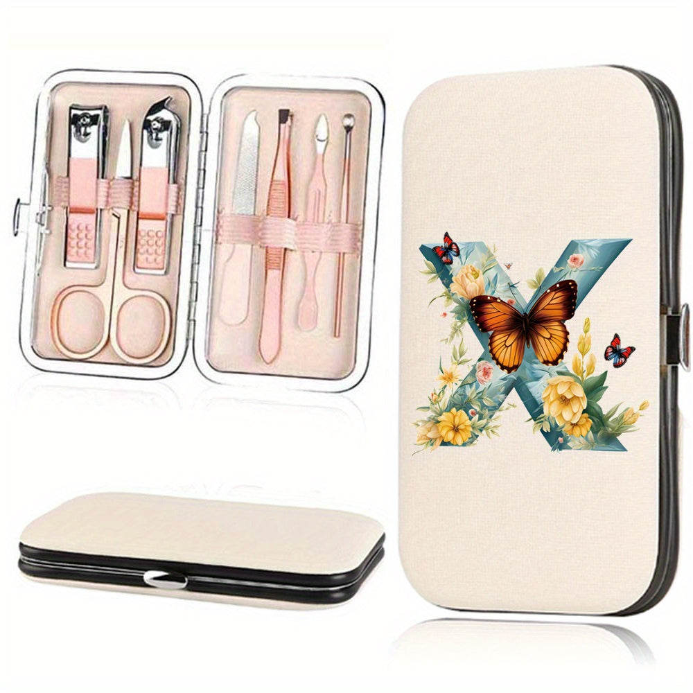 Manicure Set with 7 Stainless Steel Tools in Faux Leather Case for Nail Care