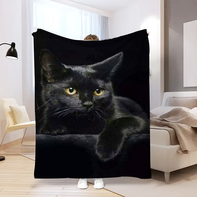 Black Cat Print Flannel Throw Blanket for Couch Bed Camping All-Season Easy Care