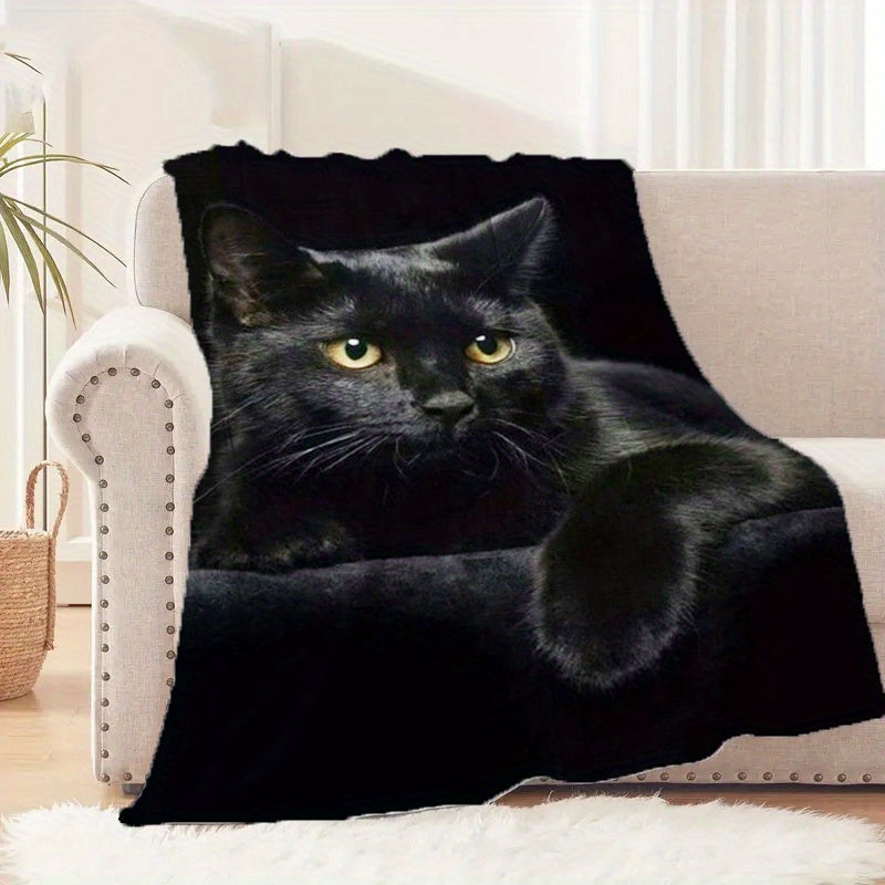Black Cat Print Flannel Throw Blanket for Couch Bed Camping All-Season Easy Care