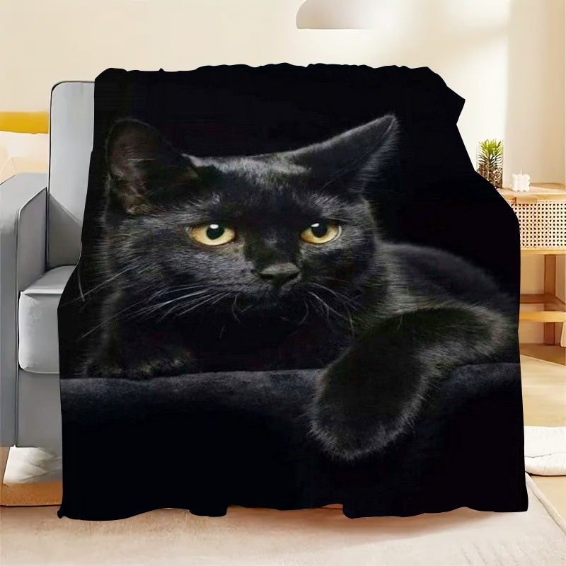 Black Cat Print Flannel Throw Blanket for Couch Bed Camping All-Season Easy Care