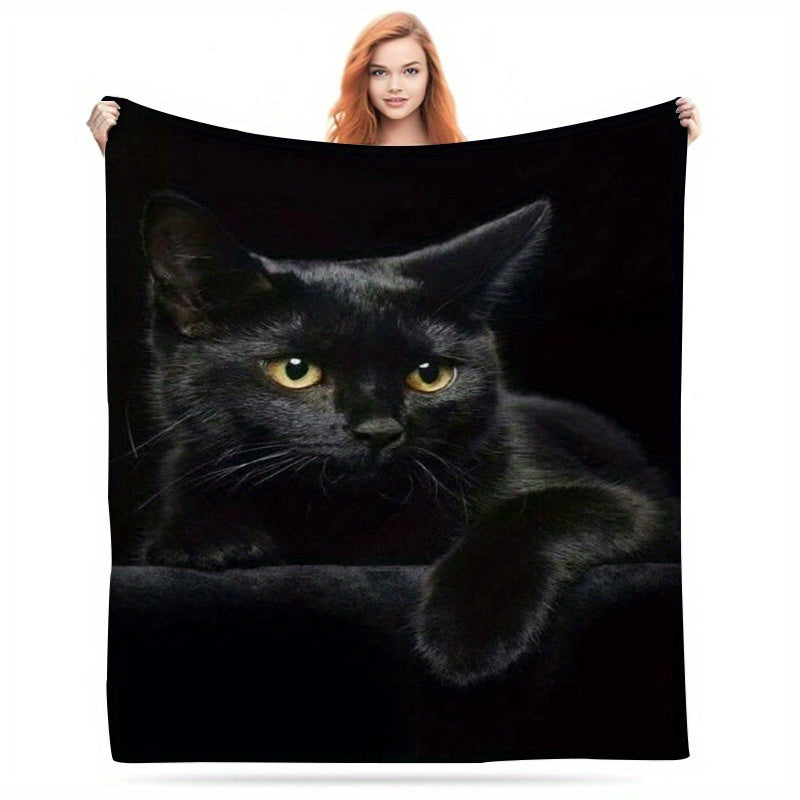 Black Cat Print Flannel Throw Blanket for Couch Bed Camping All-Season Easy Care