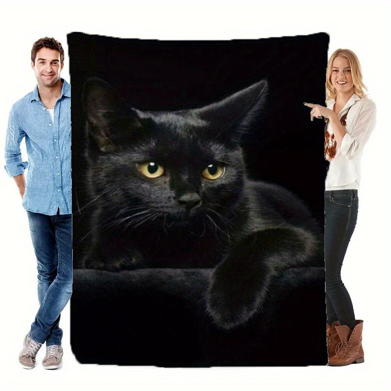 Black Cat Print Flannel Throw Blanket for Couch Bed Camping All-Season Easy Care