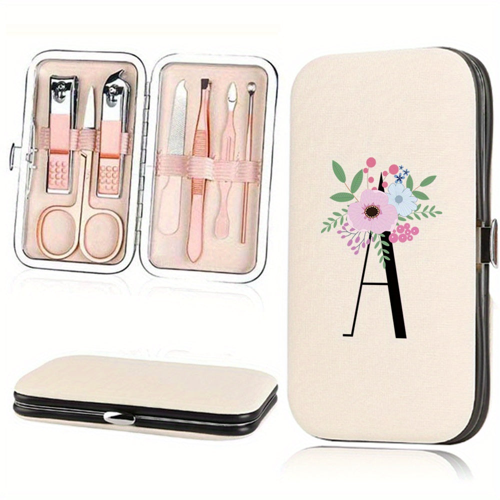 Stainless Steel Manicure Pedicure Kit with Faux Leather Case and Floral Design - 7 Pieces
