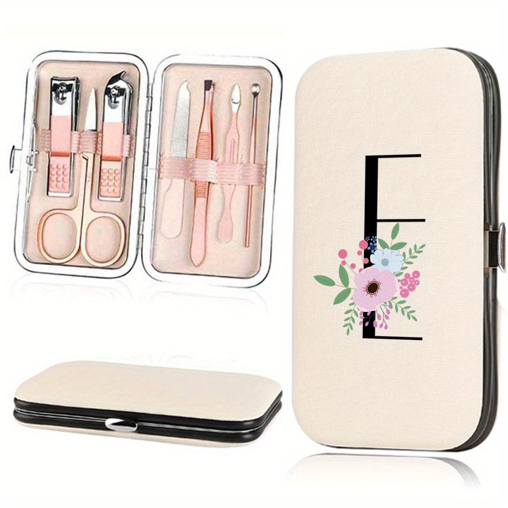 Stainless Steel Manicure Pedicure Kit with Faux Leather Case and Floral Design - 7 Pieces
