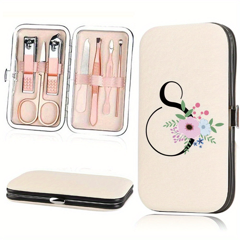 Stainless Steel Manicure Pedicure Kit with Faux Leather Case and Floral Design - 7 Pieces