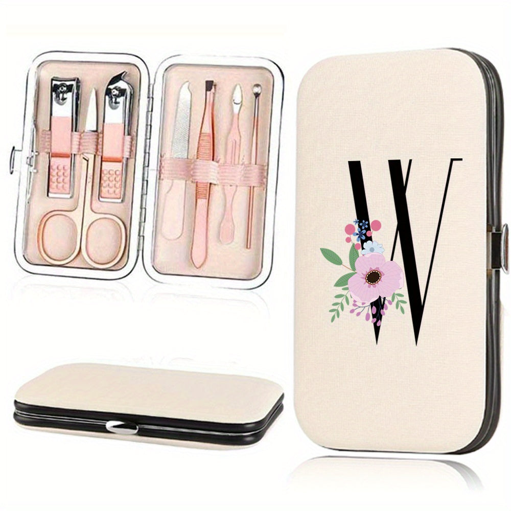 Stainless Steel Manicure Pedicure Kit with Faux Leather Case and Floral Design - 7 Pieces