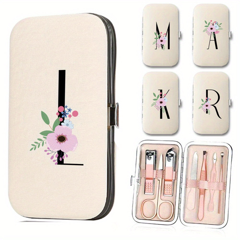 Zanglamaydigan po'latdan yasalgan manikyur va pedikyur to'plami, sun'iy charm qopqog'i va gul naqshli - 7 ta bo'lak