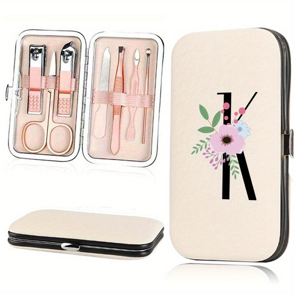 Stainless Steel Manicure Pedicure Kit with Faux Leather Case and Floral Design - 7 Pieces