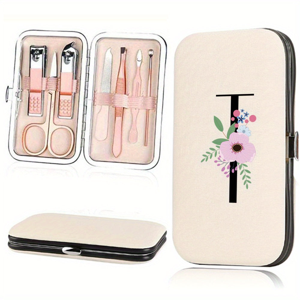 Stainless Steel Manicure Pedicure Kit with Faux Leather Case and Floral Design - 7 Pieces