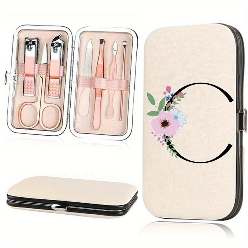 Stainless Steel Manicure Pedicure Kit with Faux Leather Case and Floral Design - 7 Pieces