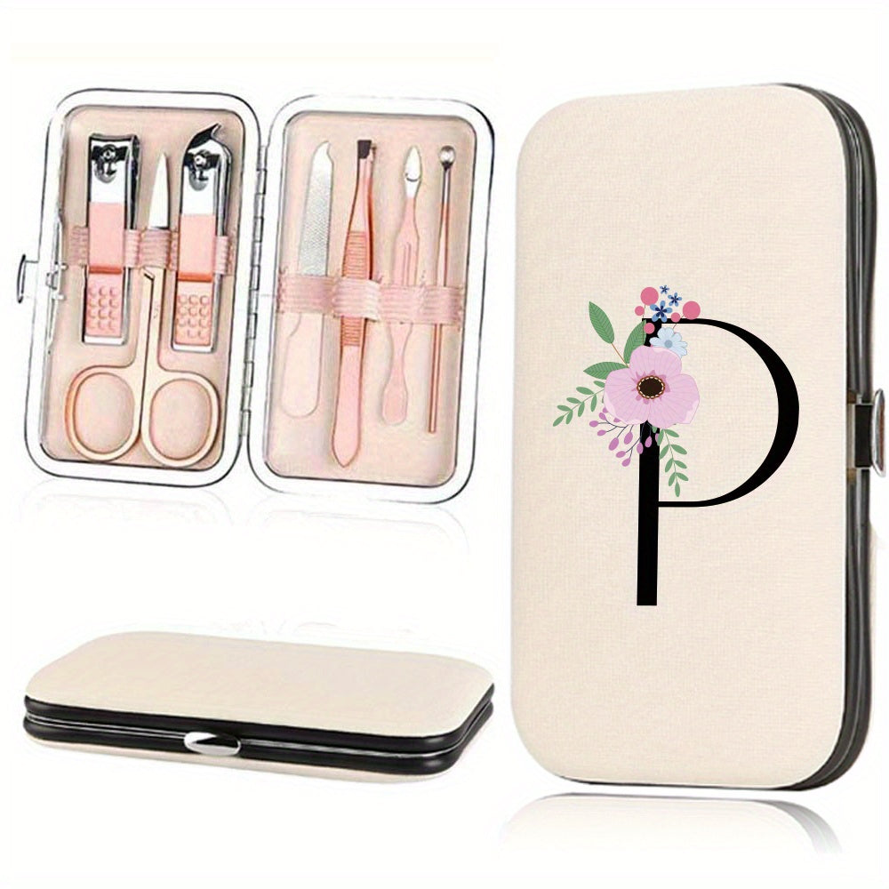 Stainless Steel Manicure Pedicure Kit with Faux Leather Case and Floral Design - 7 Pieces