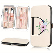 Stainless Steel Manicure Pedicure Kit with Faux Leather Case and Floral Design - 7 Pieces
