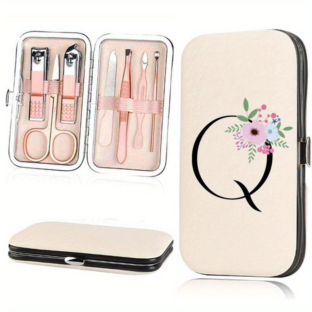 Stainless Steel Manicure Pedicure Kit with Faux Leather Case and Floral Design - 7 Pieces