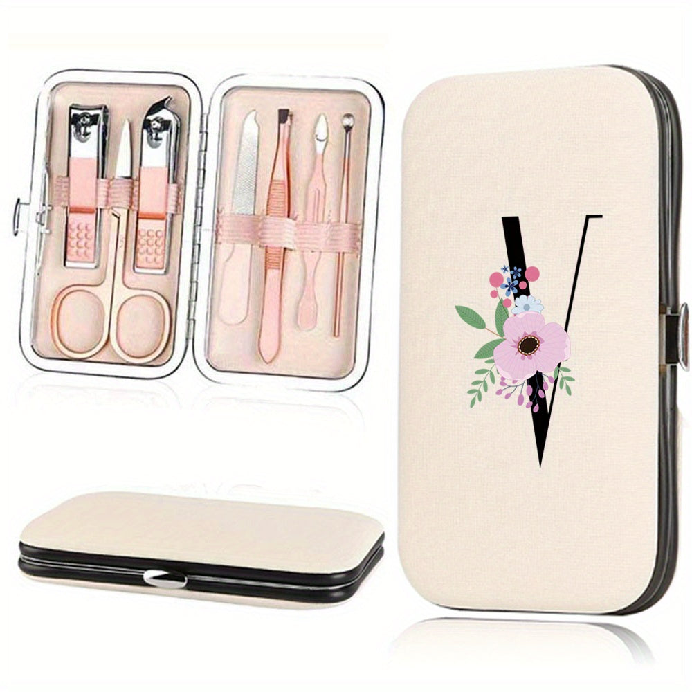 Stainless Steel Manicure Pedicure Kit with Faux Leather Case and Floral Design - 7 Pieces