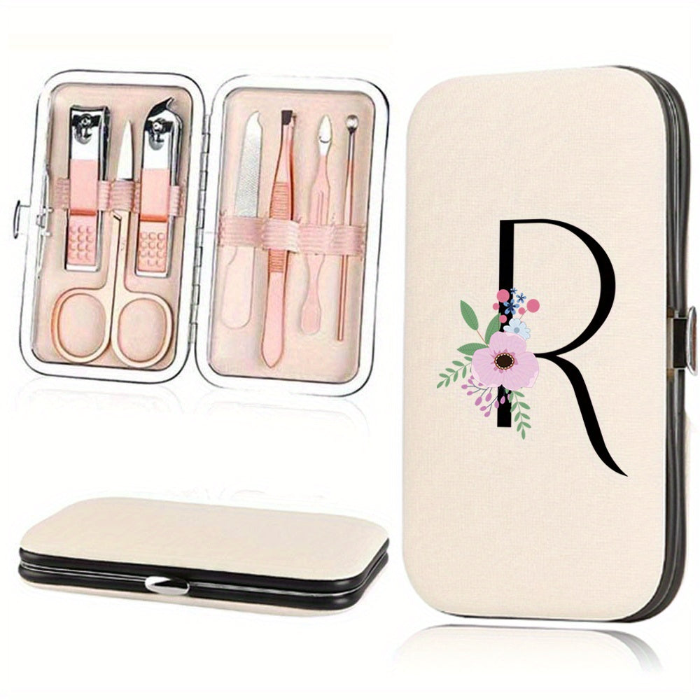 Stainless Steel Manicure Pedicure Kit with Faux Leather Case and Floral Design - 7 Pieces