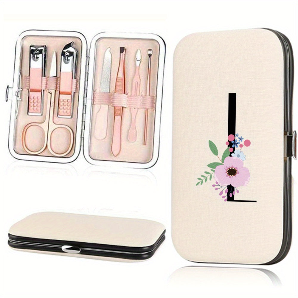 Stainless Steel Manicure Pedicure Kit with Faux Leather Case and Floral Design - 7 Pieces