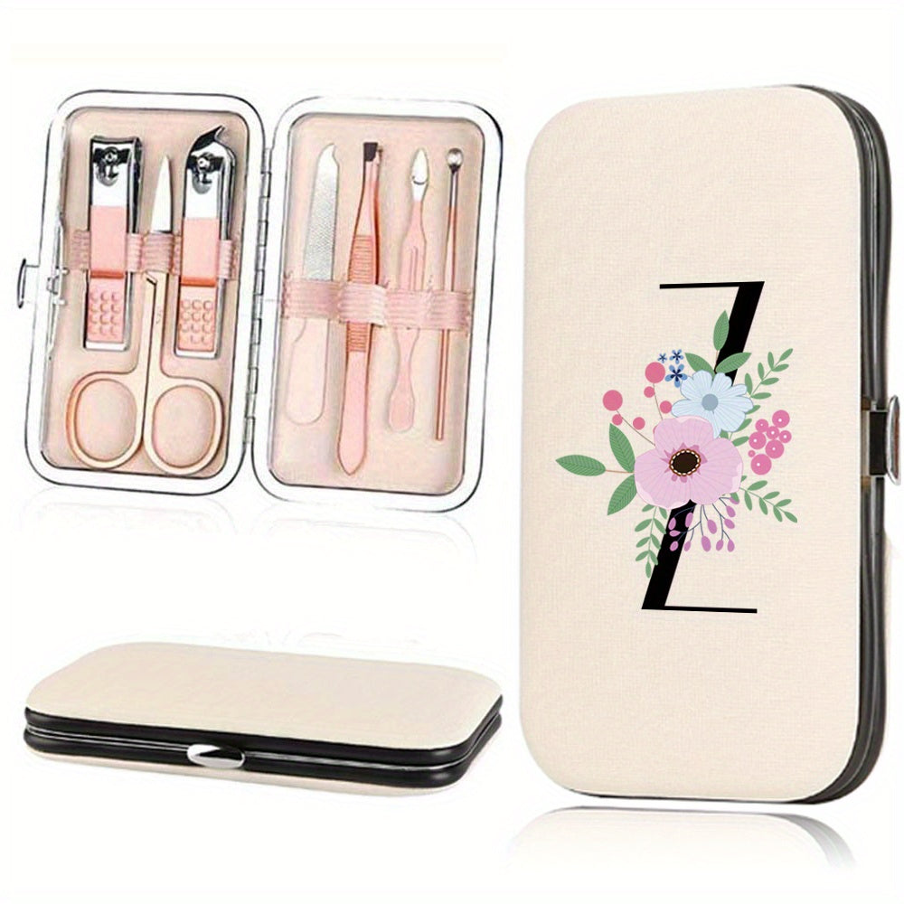 Stainless Steel Manicure Pedicure Kit with Faux Leather Case and Floral Design - 7 Pieces