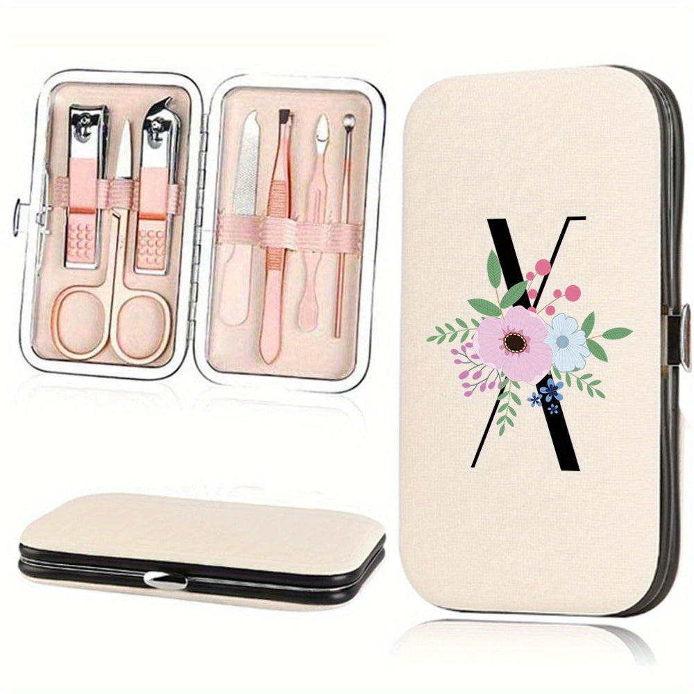 Stainless Steel Manicure Pedicure Kit with Faux Leather Case and Floral Design - 7 Pieces