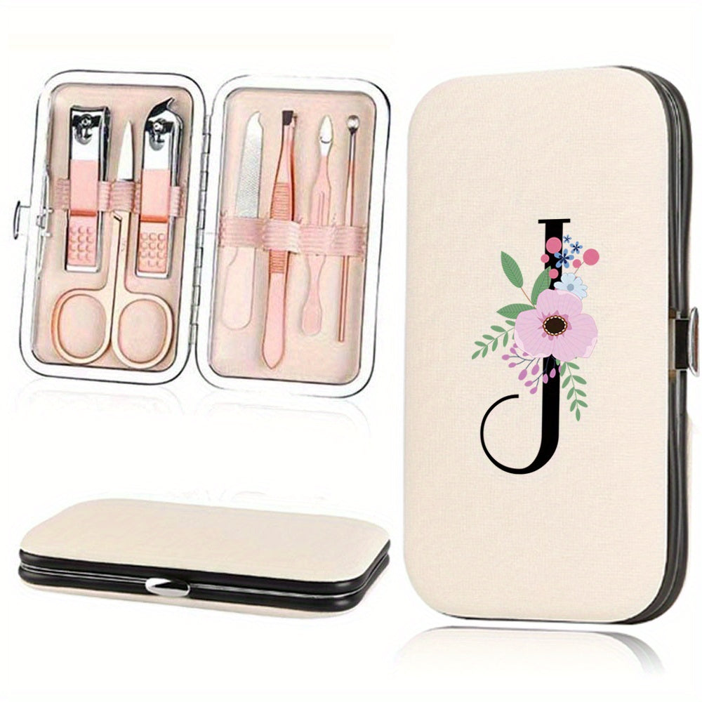 Stainless Steel Manicure Pedicure Kit with Faux Leather Case and Floral Design - 7 Pieces