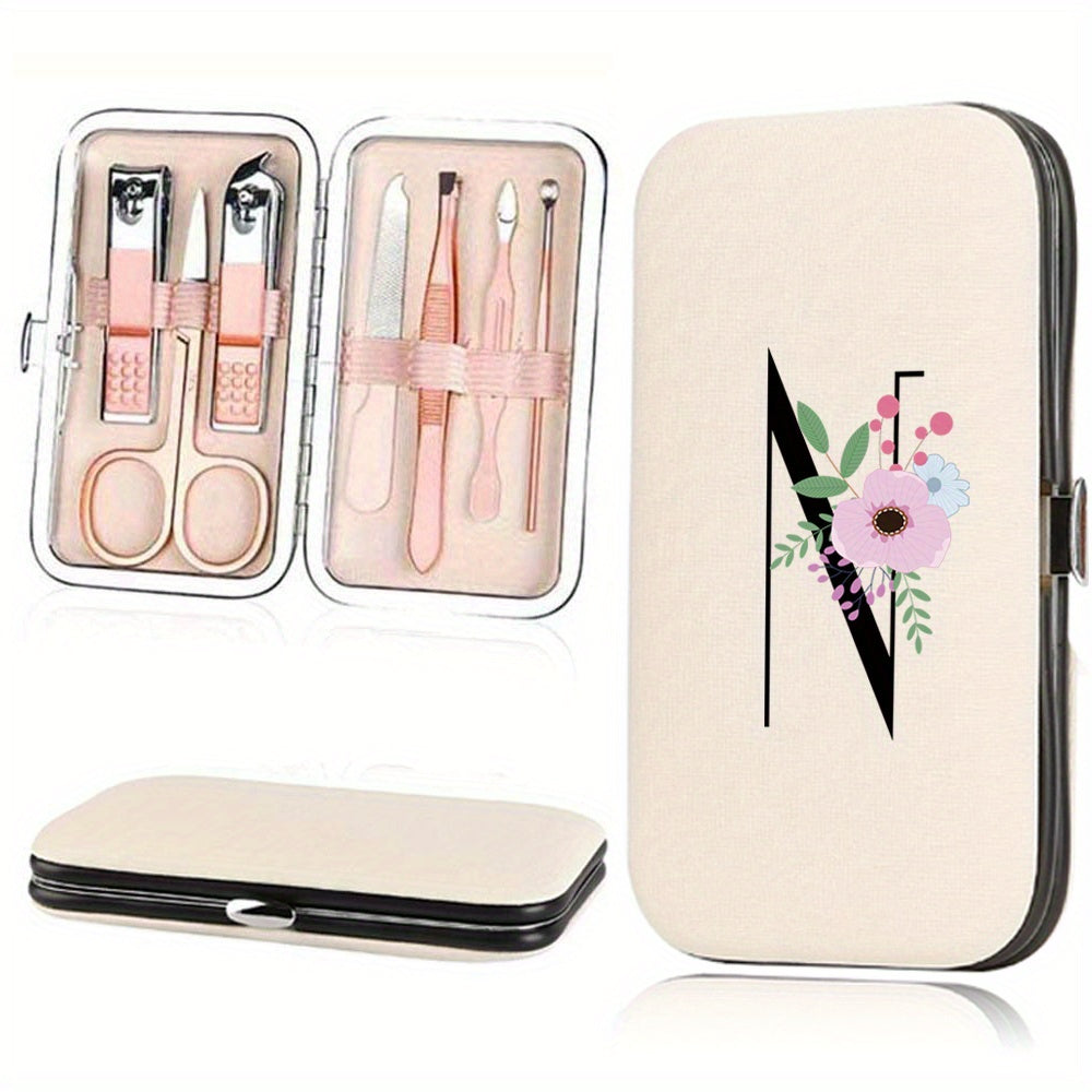 Stainless Steel Manicure Pedicure Kit with Faux Leather Case and Floral Design - 7 Pieces