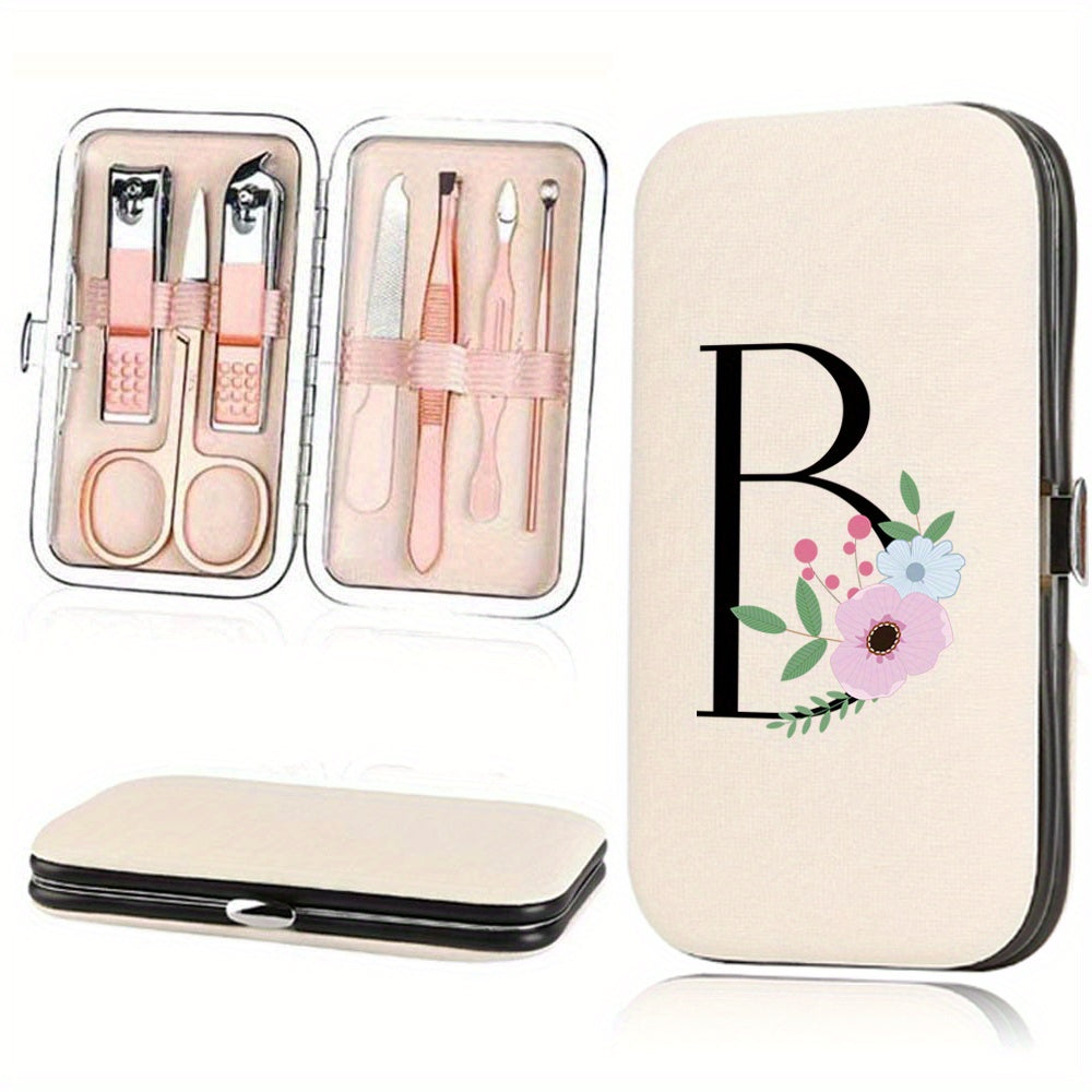 Stainless Steel Manicure Pedicure Kit with Faux Leather Case and Floral Design - 7 Pieces