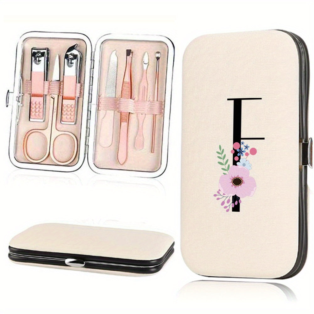 Stainless Steel Manicure Pedicure Kit with Faux Leather Case and Floral Design - 7 Pieces