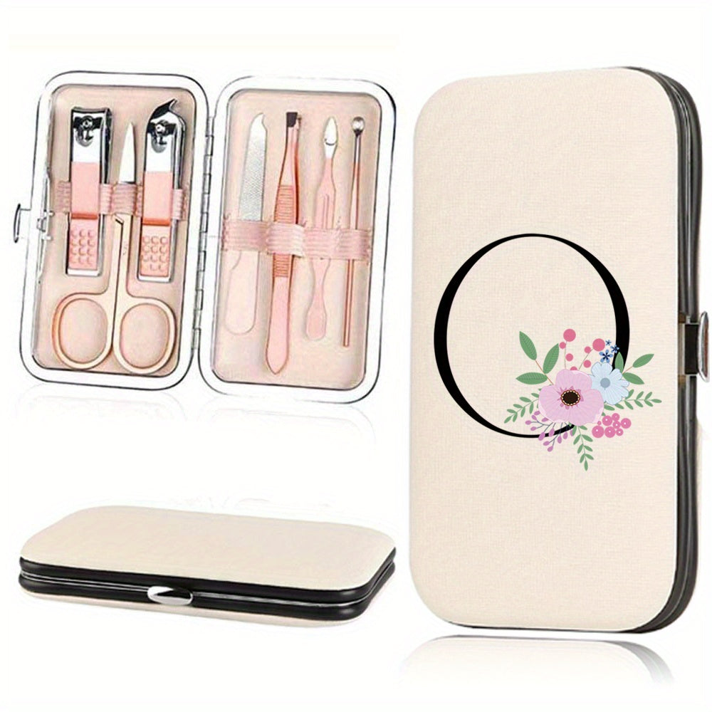 Stainless Steel Manicure Pedicure Kit with Faux Leather Case and Floral Design - 7 Pieces