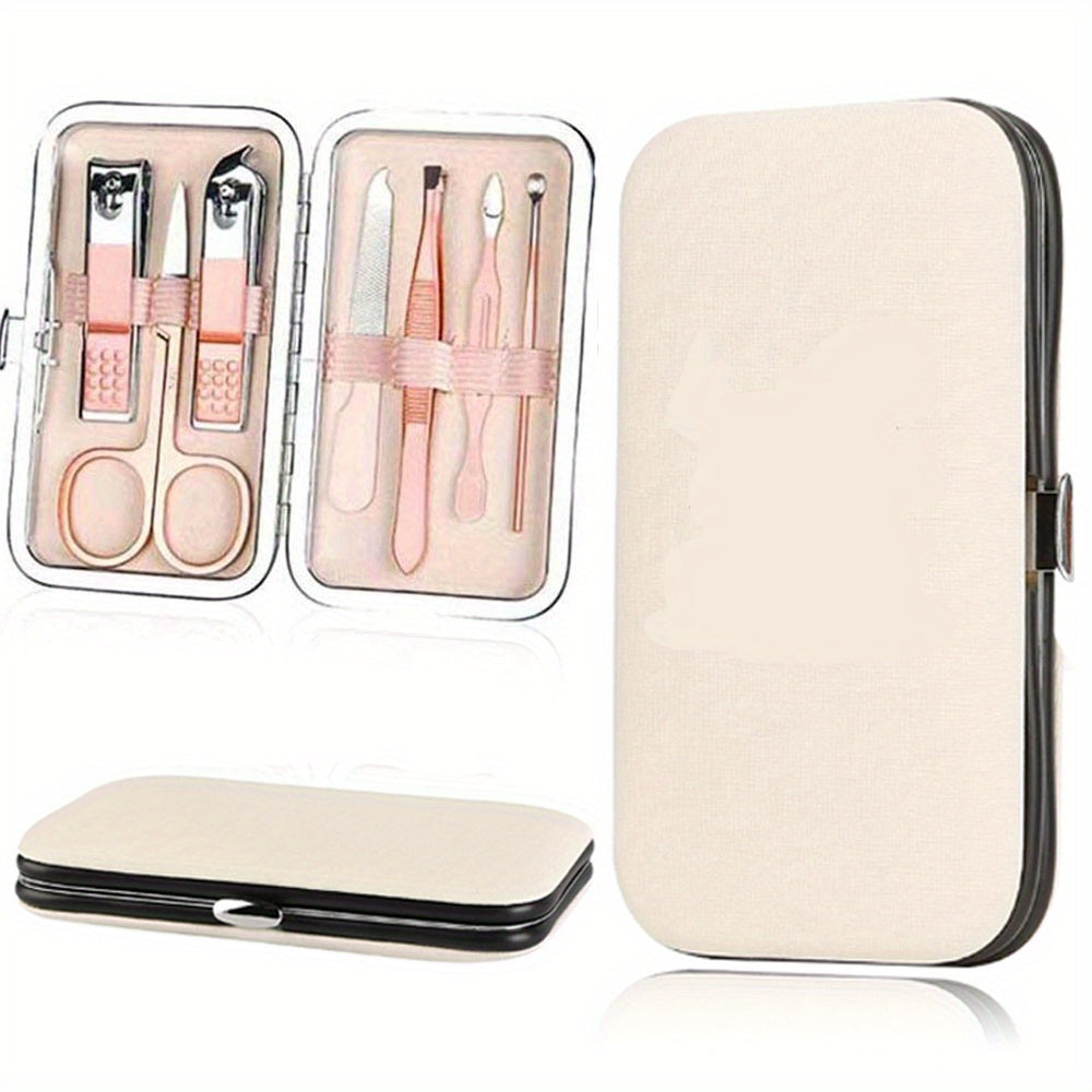 Stainless Steel Manicure Pedicure Kit with Faux Leather Case and Floral Design - 7 Pieces