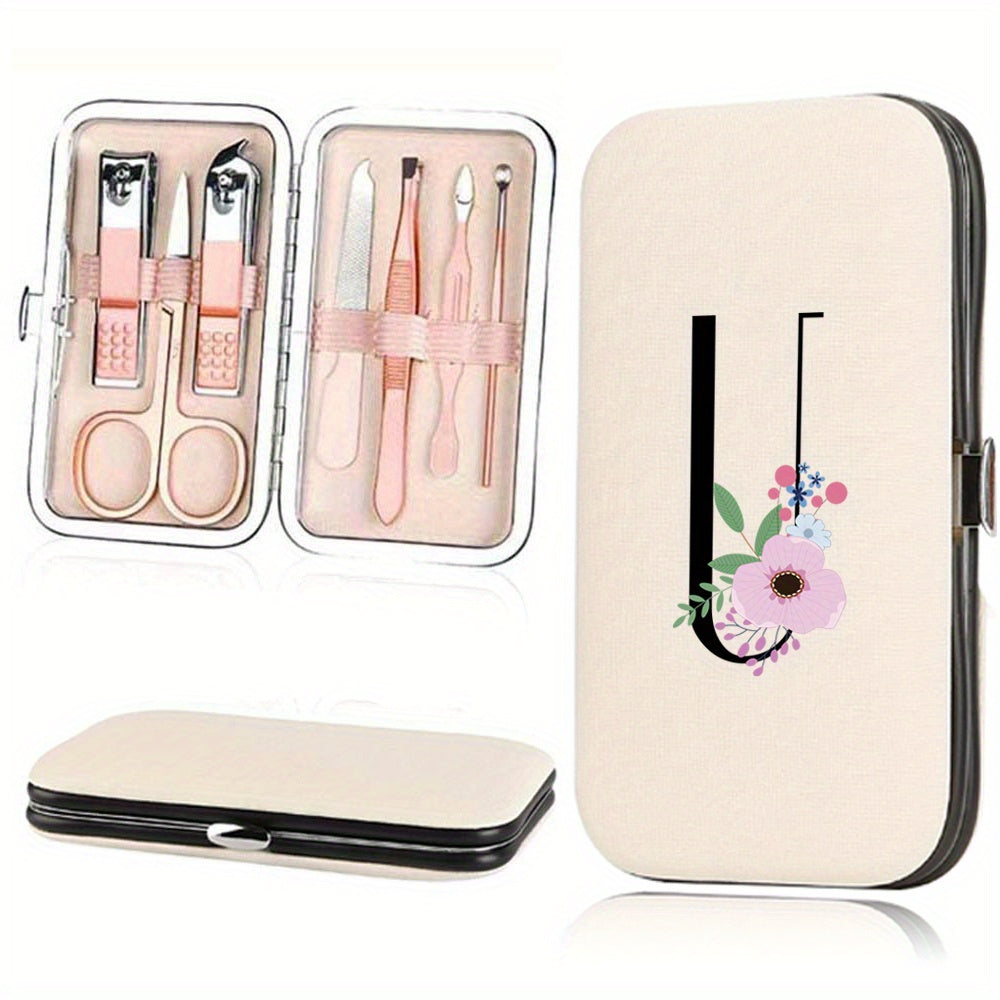 Stainless Steel Manicure Pedicure Kit with Faux Leather Case and Floral Design - 7 Pieces