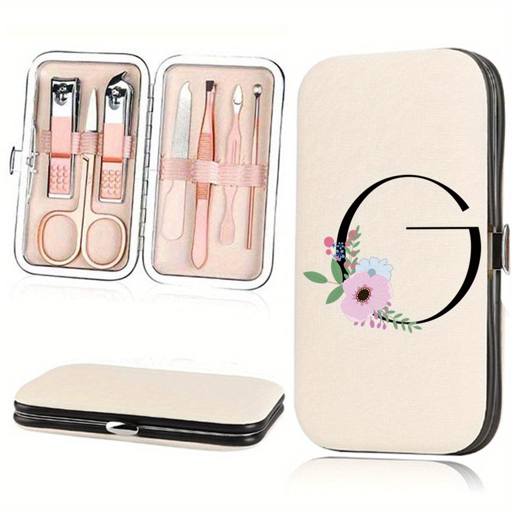 Stainless Steel Manicure Pedicure Kit with Faux Leather Case and Floral Design - 7 Pieces