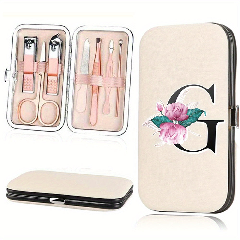 7-Piece Stainless Steel Nail Care Set with Faux Leather Organizer and White Marble Initial Design
