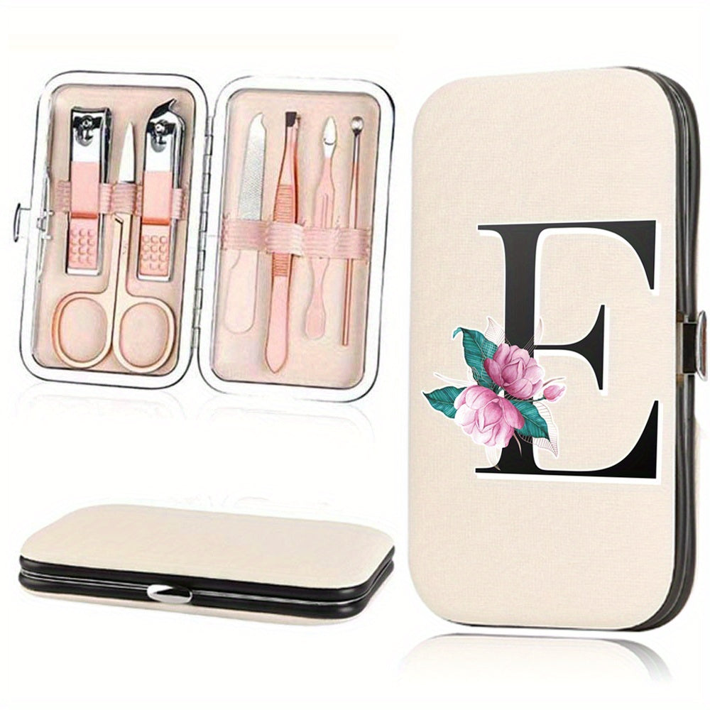 7-Piece Stainless Steel Nail Care Set with Faux Leather Organizer and White Marble Initial Design