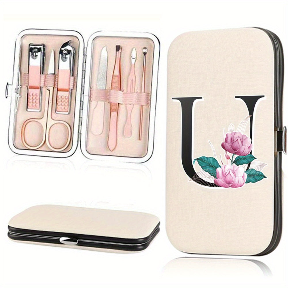 7-Piece Stainless Steel Nail Care Set with Faux Leather Organizer and White Marble Initial Design