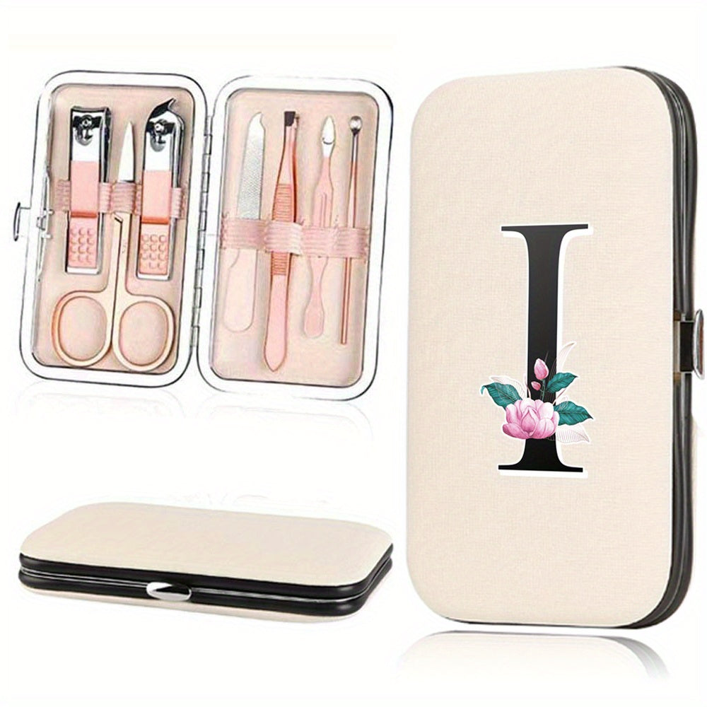 7-Piece Stainless Steel Nail Care Set with Faux Leather Organizer and White Marble Initial Design