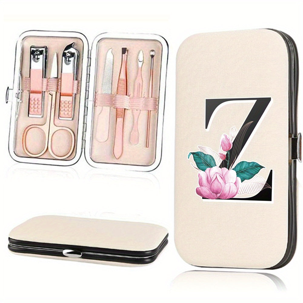 7-Piece Stainless Steel Nail Care Set with Faux Leather Organizer and White Marble Initial Design