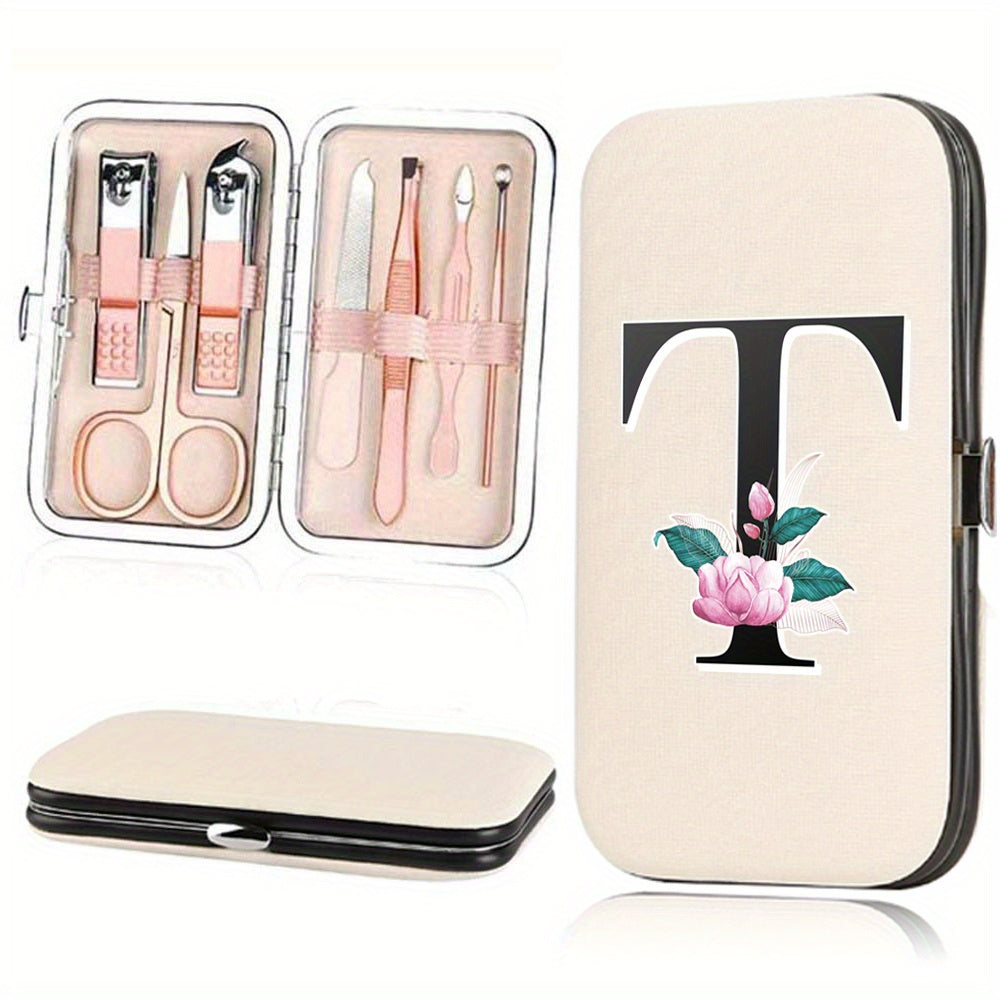 7-Piece Stainless Steel Nail Care Set with Faux Leather Organizer and White Marble Initial Design