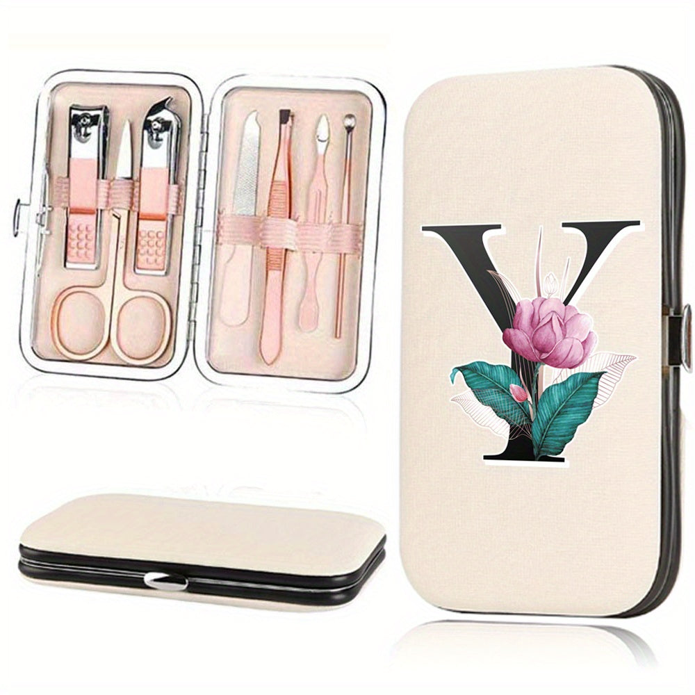 7-Piece Stainless Steel Nail Care Set with Faux Leather Organizer and White Marble Initial Design