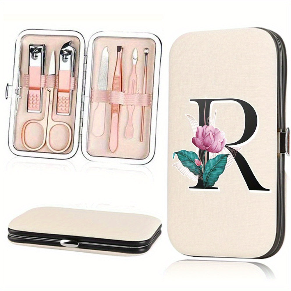 7-Piece Stainless Steel Nail Care Set with Faux Leather Organizer and White Marble Initial Design