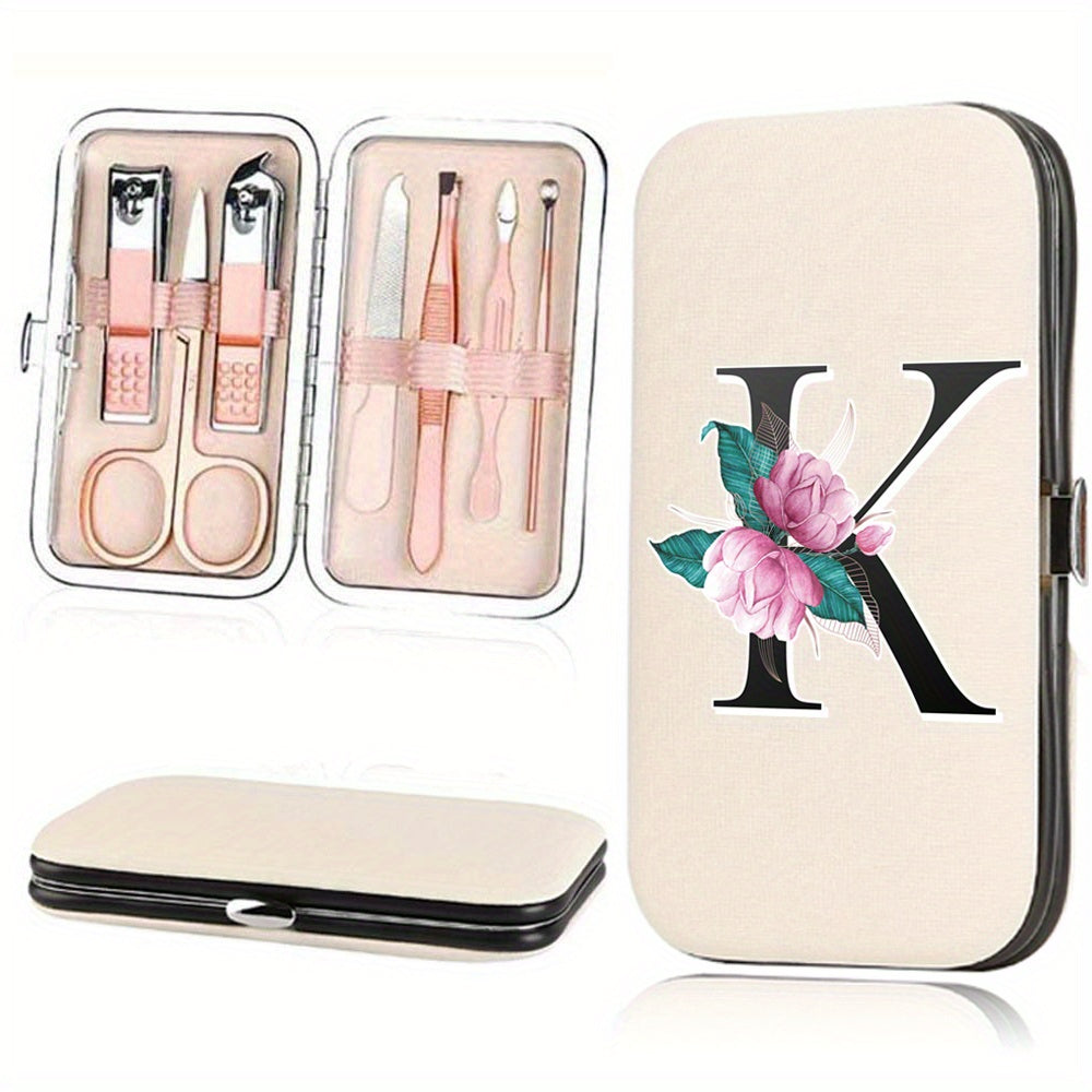 7-Piece Stainless Steel Nail Care Set with Faux Leather Organizer and White Marble Initial Design