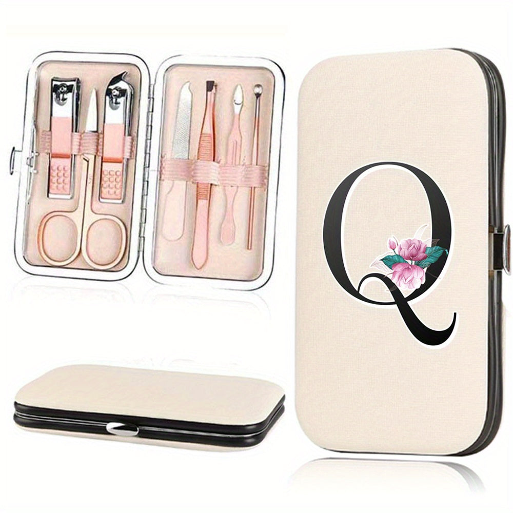 7-Piece Stainless Steel Nail Care Set with Faux Leather Organizer and White Marble Initial Design